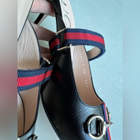 GUCCI Women's Signature Web Strap Horsebit High-Heel Leather Mules Black 39 NEW - Picture 6 of 14